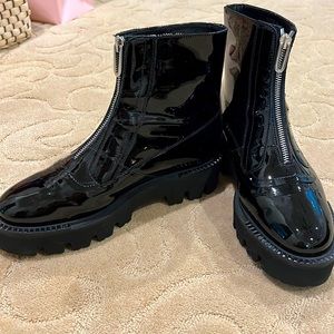Aquatalia zip front patent lug sole bootie